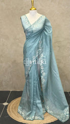 SEMI TUSSAR CUT WORK EMBROIDERY SAREE - PASTEL BLUE