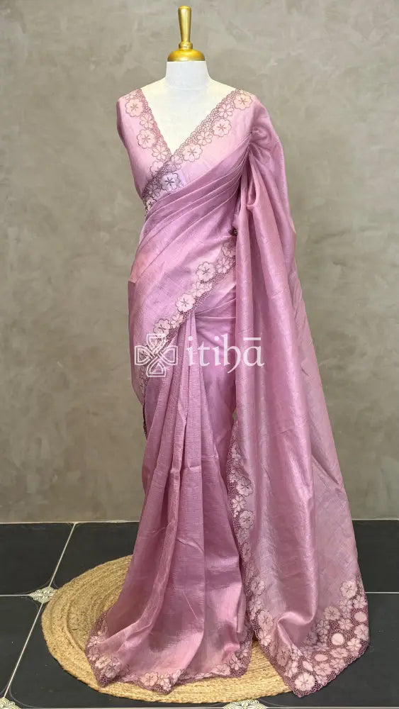 SEMI TUSSAR CUT WORK EMBROIDERY SAREE - PASTEL PINK
