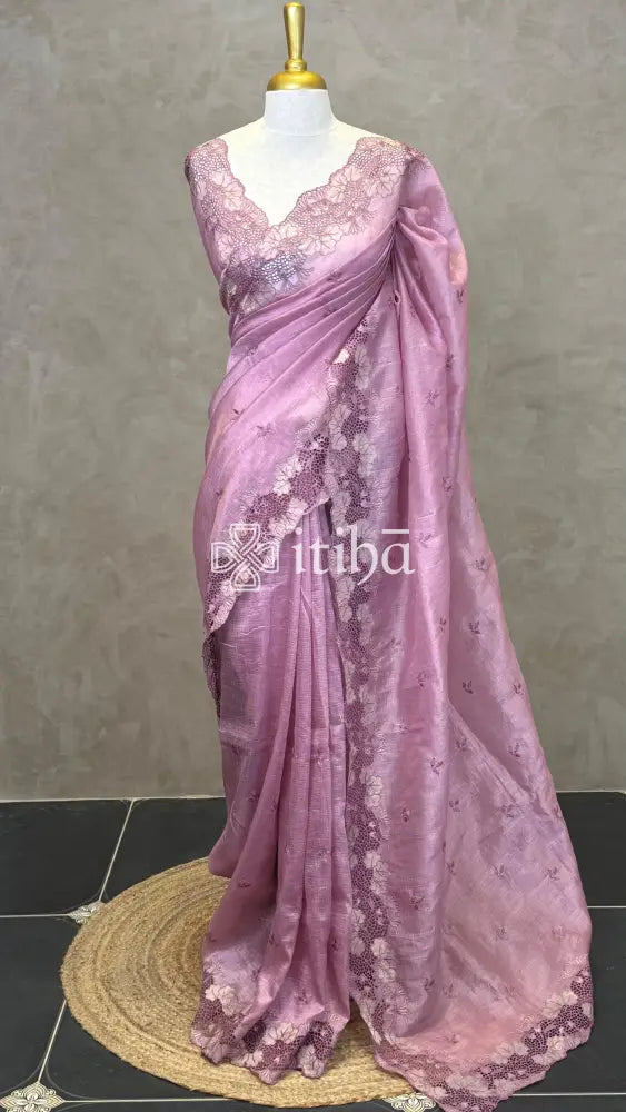 SEMI TUSSAR CUT WORK EMBROIDERY SAREE - PASTEL ROSE