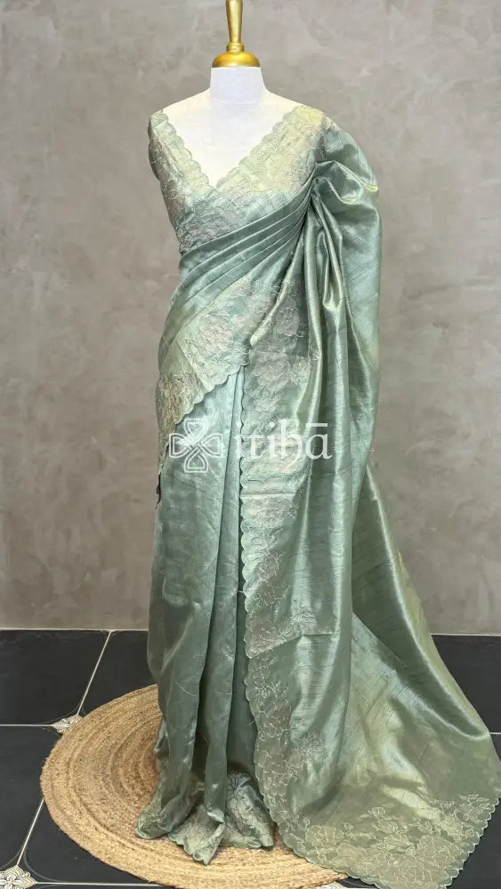SEMI TUSSAR CUT WORK EMBROIDERY SAREE - SAGE GREEN