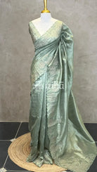 SEMI TUSSAR CUT WORK EMBROIDERY SAREE - SAGE GREEN