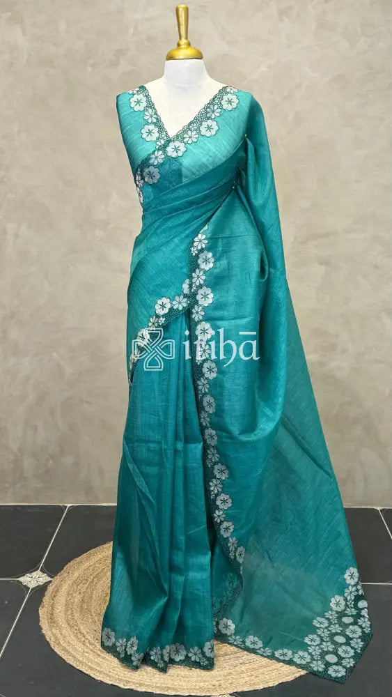 SEMI TUSSAR CUT WORK EMBROIDERY SAREE - TEAL GREEN