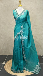 SEMI TUSSAR CUT WORK EMBROIDERY SAREE - TEAL GREEN