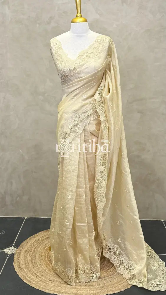 SEMI TUSSAR CUTWORK SAREE - CREAM