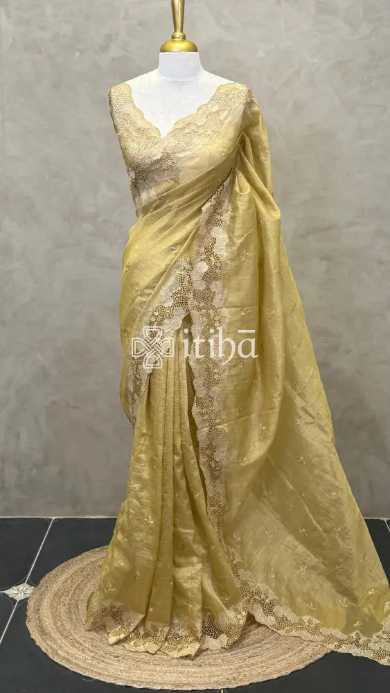 SEMI TUSSAR CUTWORK SAREE - DARK BEIGE