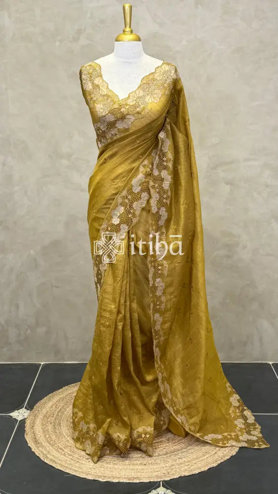 SEMI TUSSAR CUTWORK SAREE - OLIVE GOLD