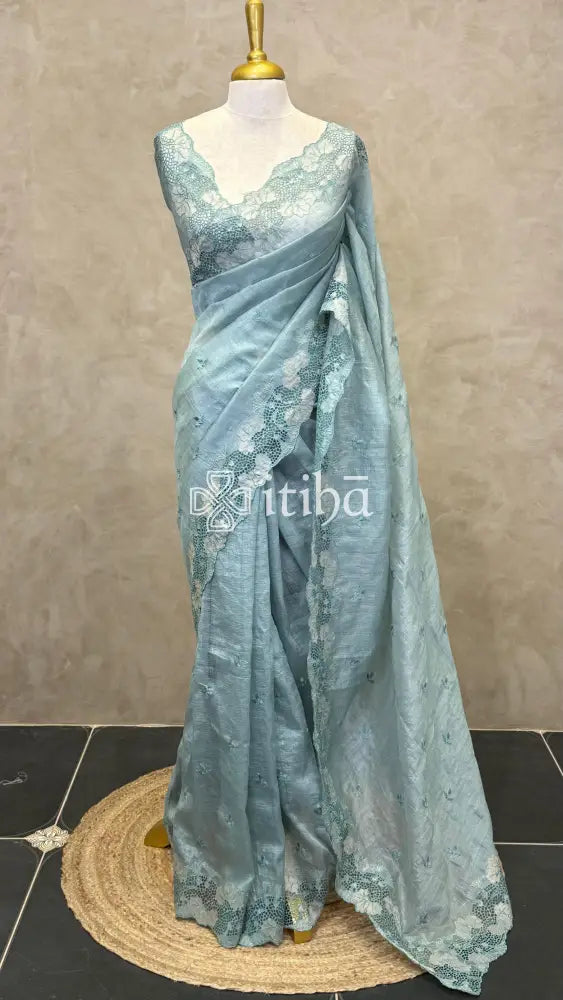SEMI TUSSAR CUTWORK SAREE - PASTEL BLUE