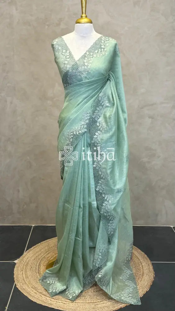 SEMI TUSSAR CUTWORK SAREE - PASTEL SAGE GREEN