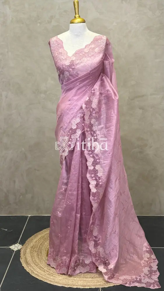 SEMI TUSSAR CUTWORK SAREE - Pink
