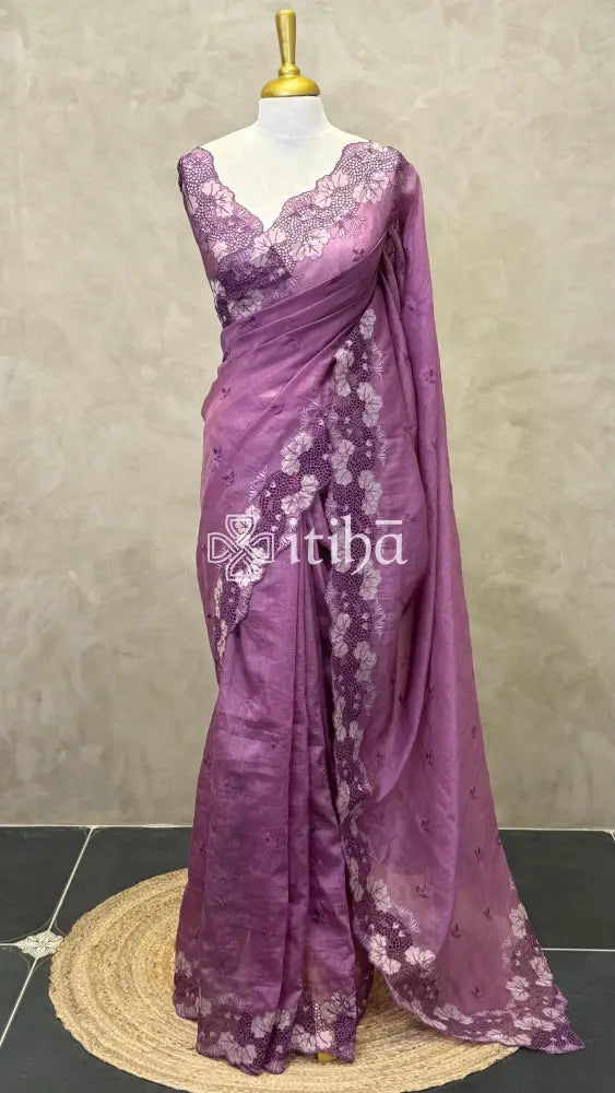 SEMI TUSSAR CUTWORK SAREE - Purple