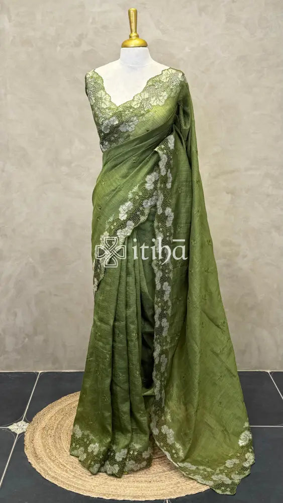 SEMI TUSSAR CUTWORK SAREE - SEA GREEN