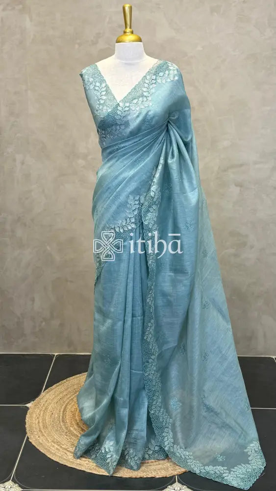 SEMI TUSSAR CUTWORK SAREE - TEAL GREEN