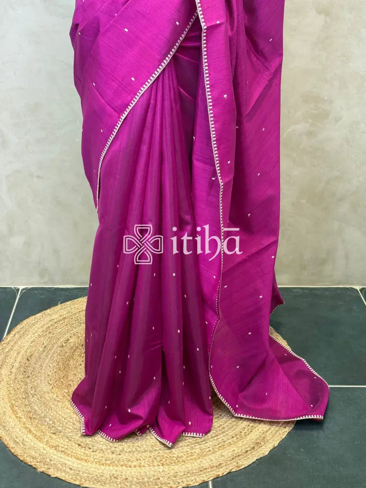 SEMI TUSSAR EMBROIDERY SAREE - DARK MAGENTA