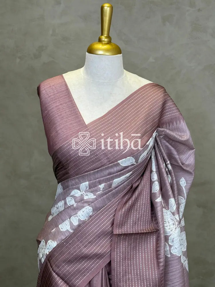 SEMI TUSSAR EMBROIDERY SAREE - dusty mauve