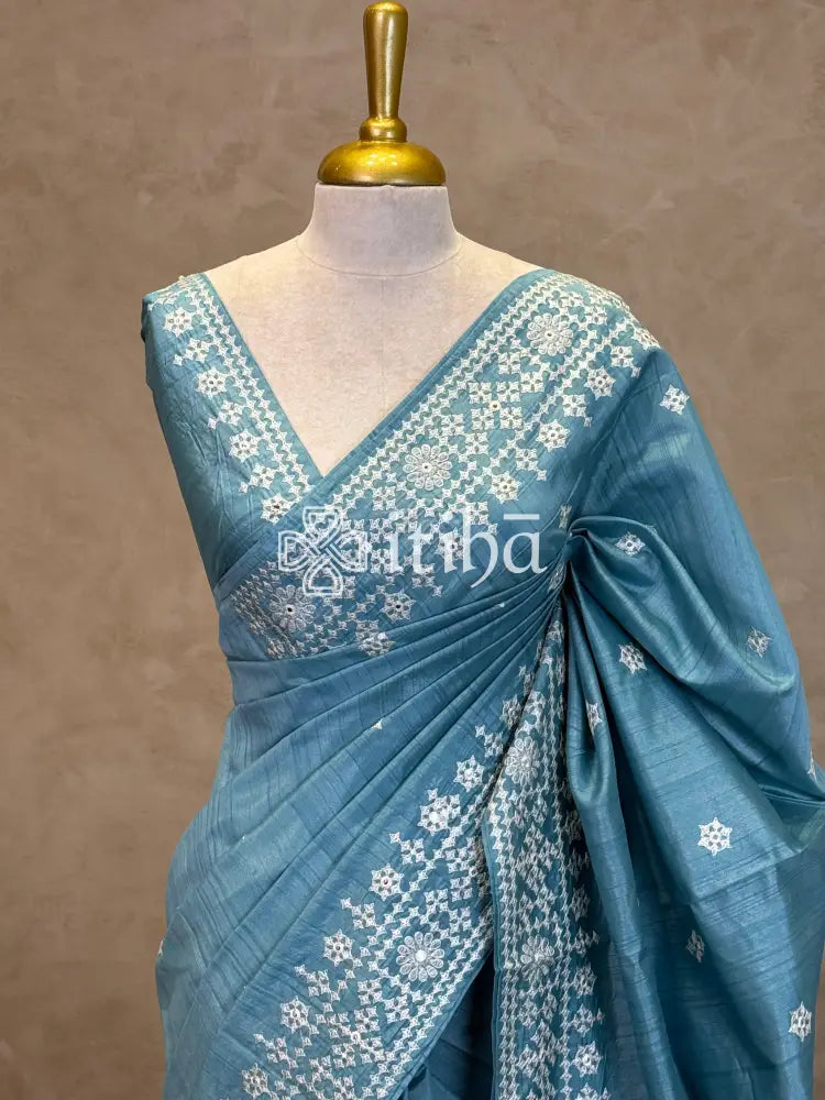 SEMI TUSSAR EMBROIDERY SAREE