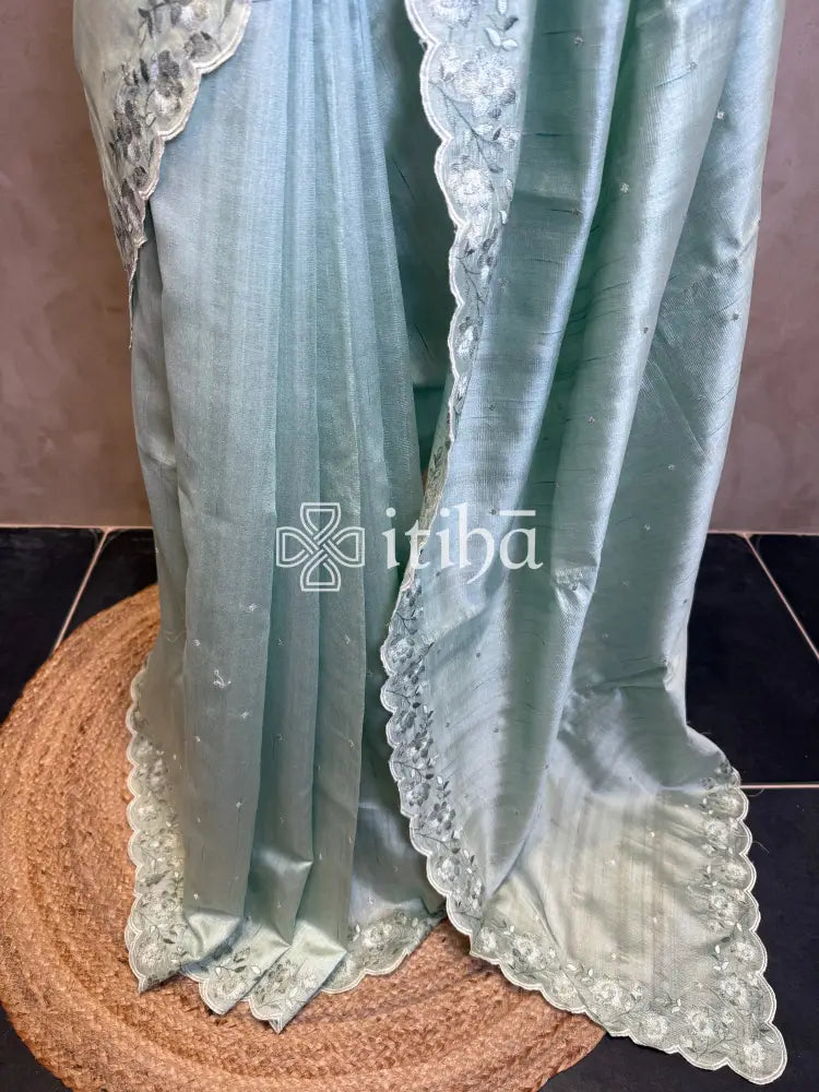 SEMI TUSSAR EMBROIDERY SAREE - PASTEL SAGE GREEN