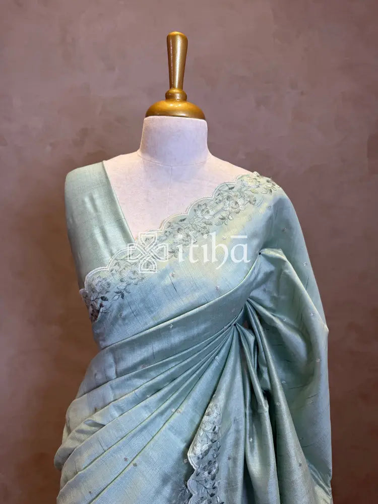 SEMI TUSSAR EMBROIDERY SAREE - PASTEL SAGE GREEN