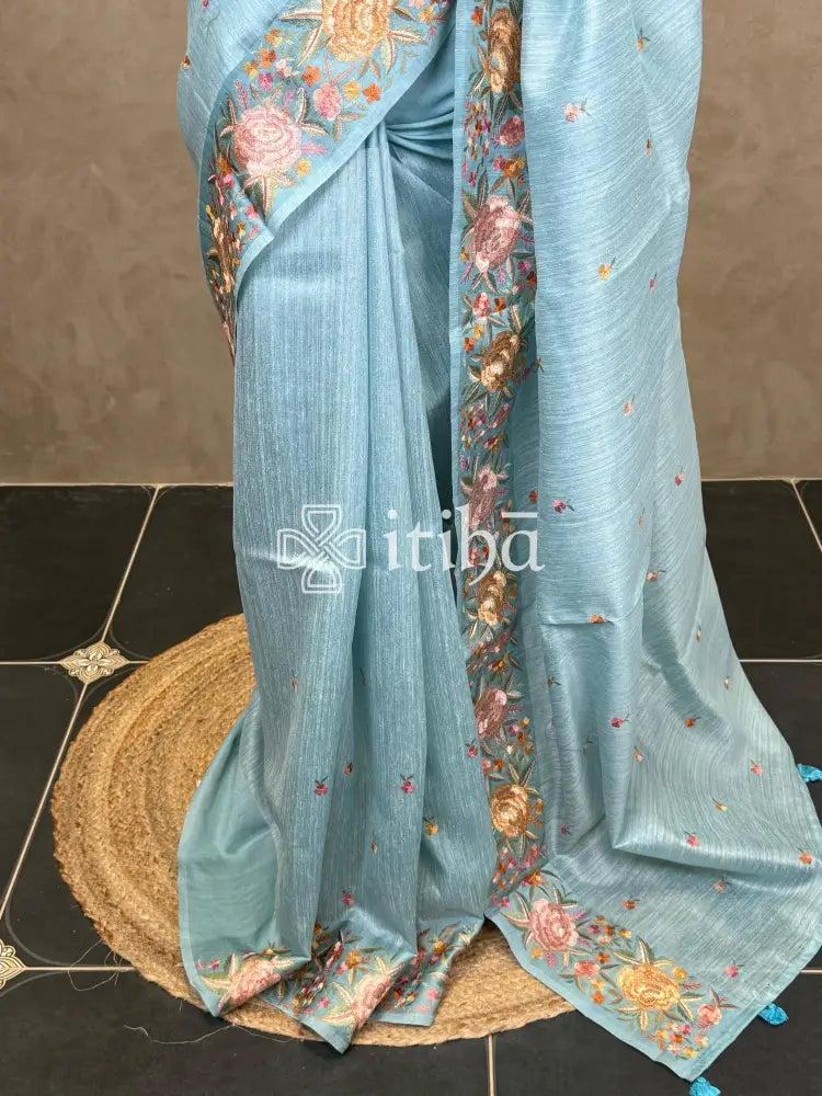 SEMI TUSSAR EMBROIDERY SAREE - LIGHT BLUE