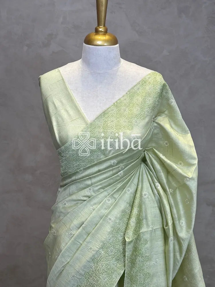 SEMI TUSSAR EMBROIDERY SAREE - LIGHT GREEN