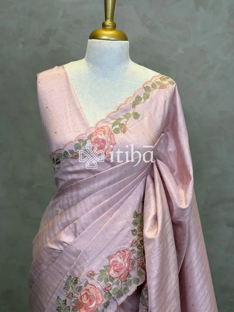 SEMI TUSSAR EMBROIDERY SAREE - PASTEL PEACH