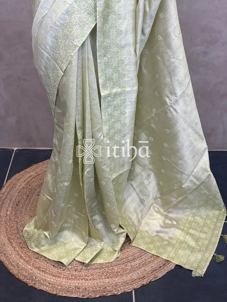 SEMI TUSSAR EMBROIDERY SAREE - LIGHT GREEN