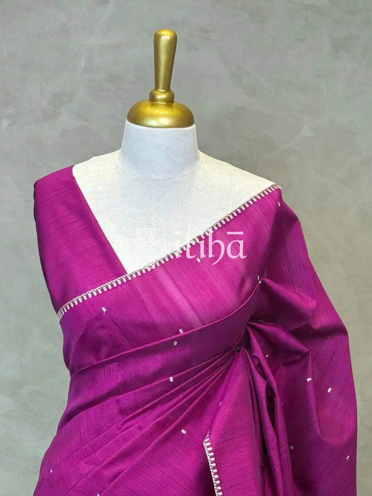 SEMI TUSSAR EMBROIDERY SAREE - DARK MAGENTA