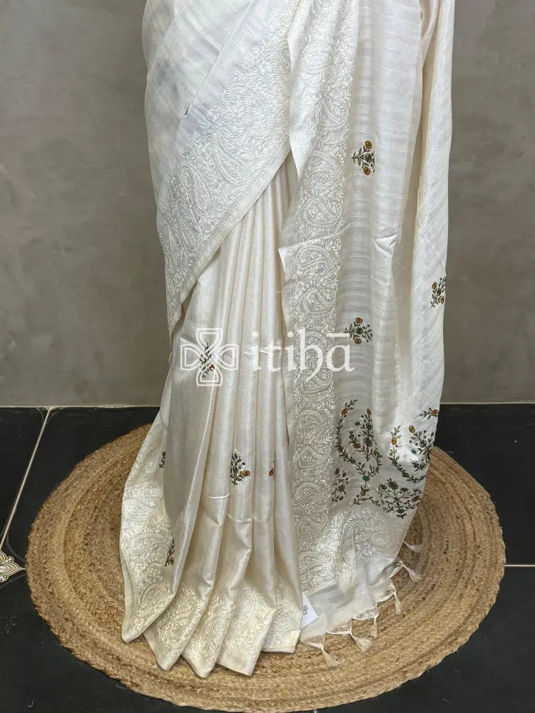 SEMI TUSSAR EMBROIDERY SAREE - olive green