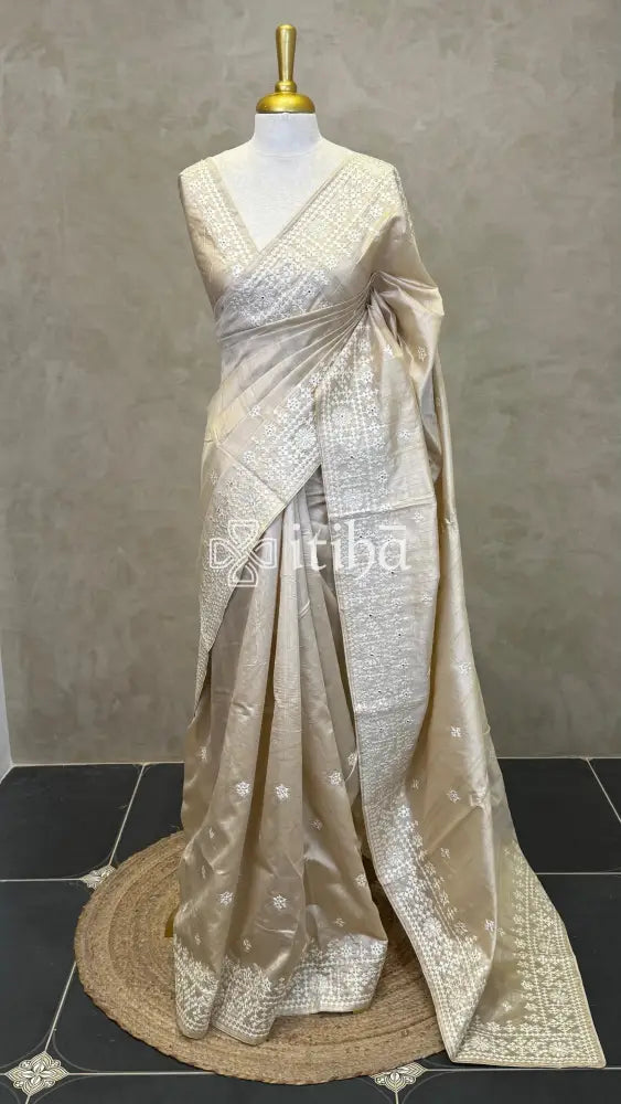 SEMI TUSSAR EMBROIDERY SAREE - Beige