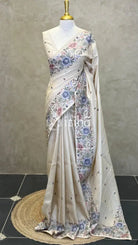 SEMI TUSSAR EMBROIDERY SAREE - Beige