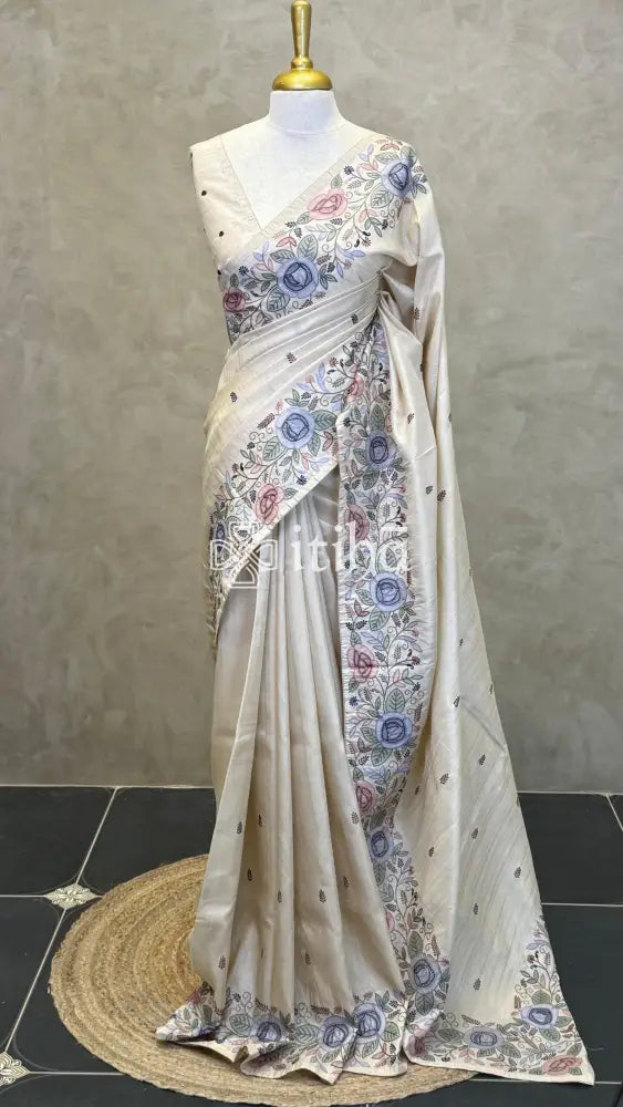 SEMI TUSSAR EMBROIDERY SAREE - Beige