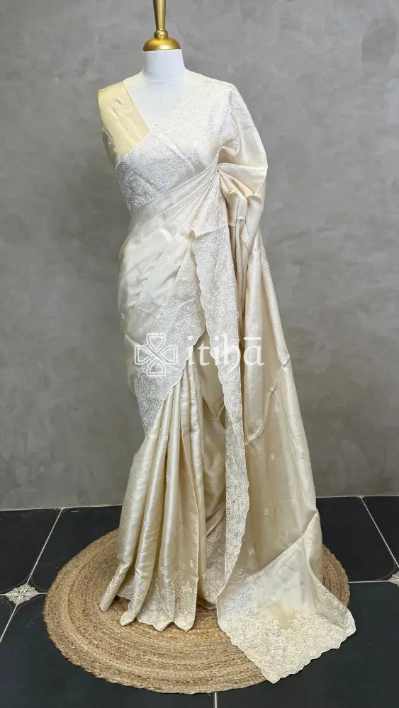 SEMI TUSSAR EMBROIDERY SAREE - Beige