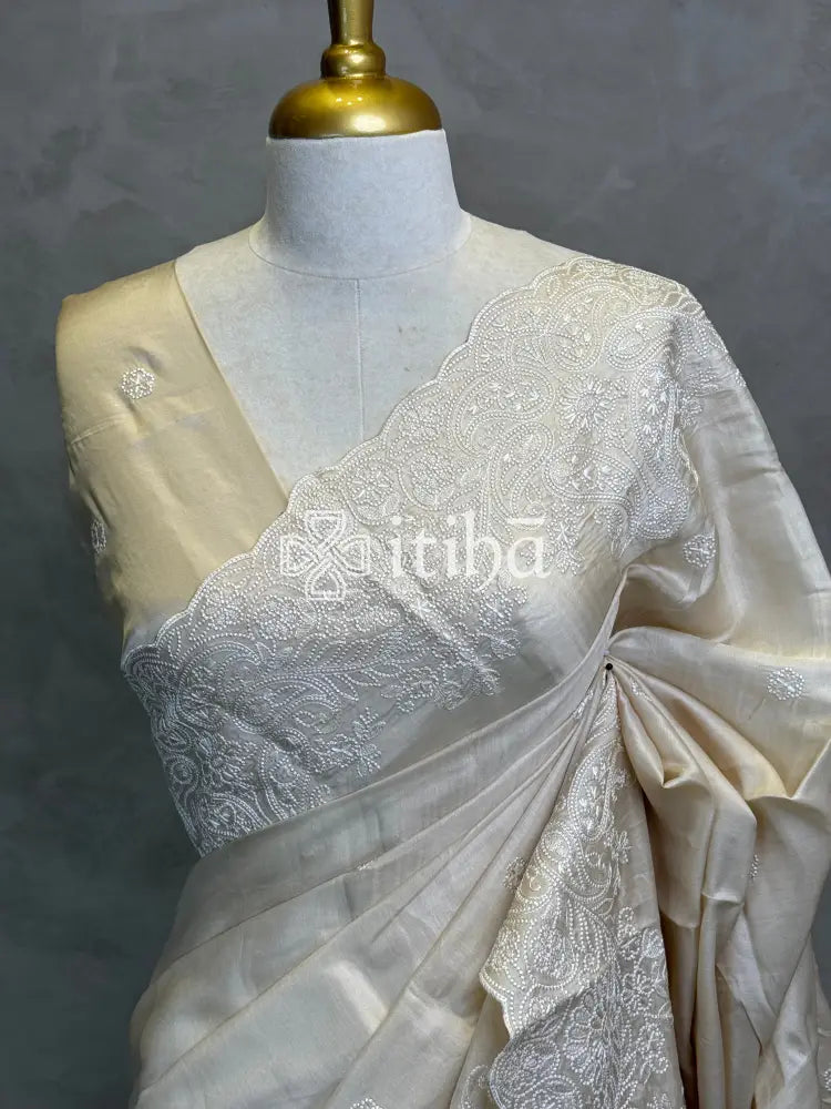 SEMI TUSSAR EMBROIDERY SAREE - Beige