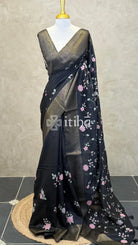 SEMI TUSSAR EMBROIDERY SAREE - Black
