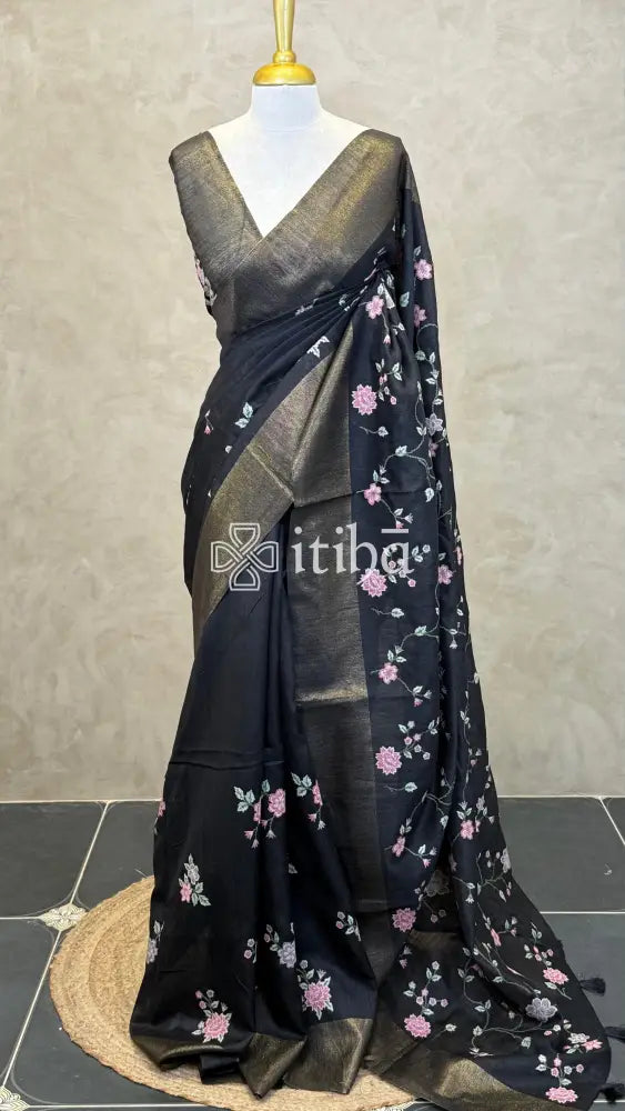 SEMI TUSSAR EMBROIDERY SAREE - Black