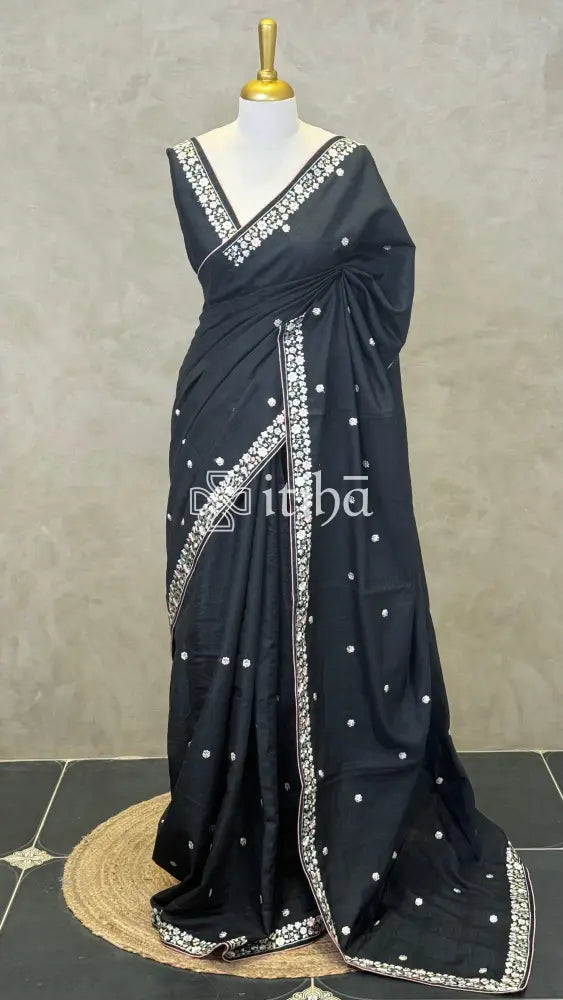 SEMI TUSSAR EMBROIDERY SAREE - Black