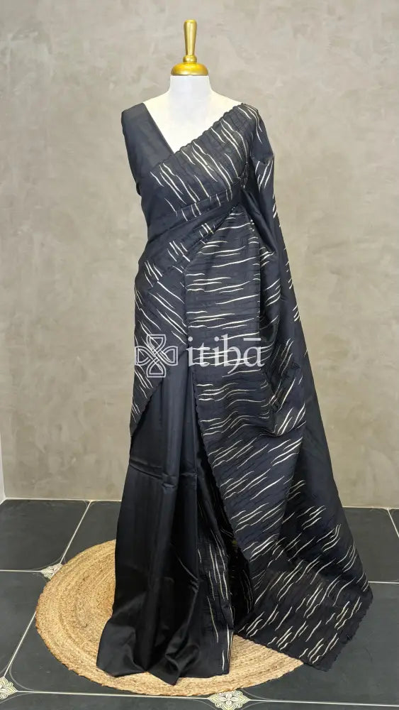 SEMI TUSSAR EMBROIDERY SAREE - Black
