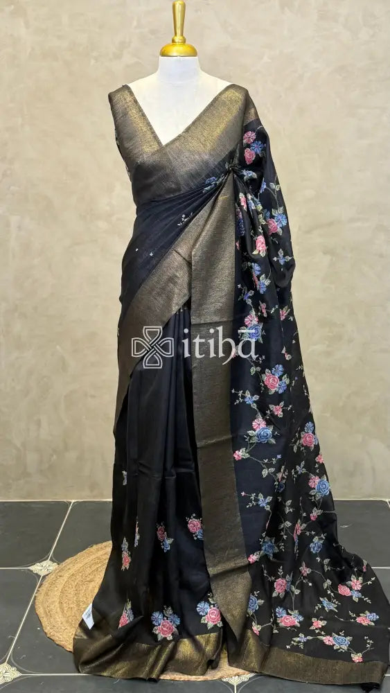 SEMI TUSSAR EMBROIDERY SAREE - Black