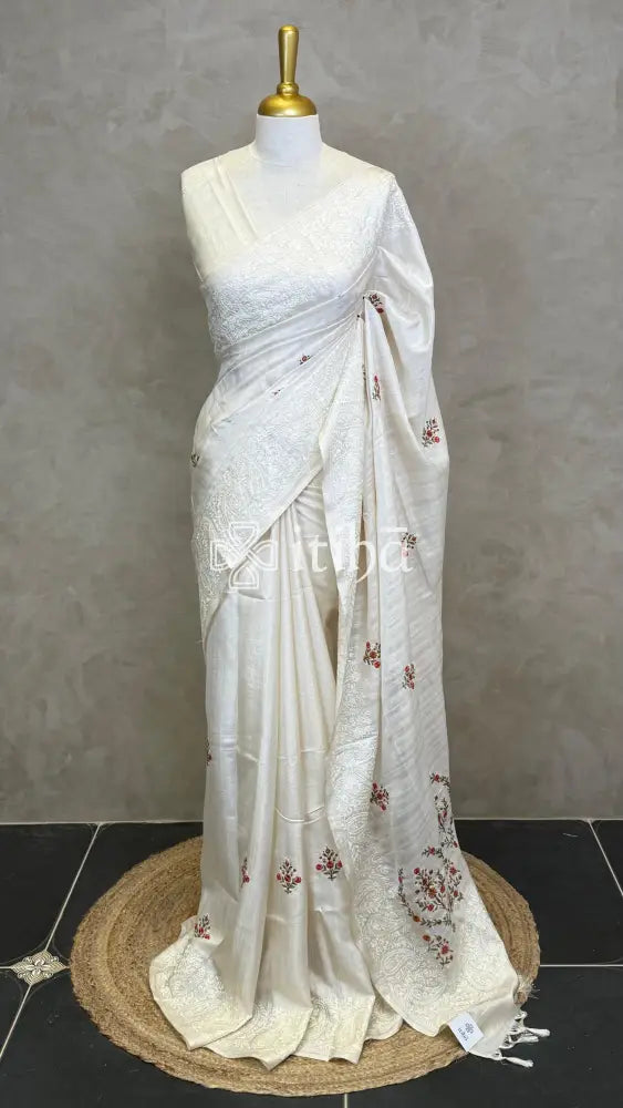 SEMI TUSSAR EMBROIDERY SAREE - BRICK RED