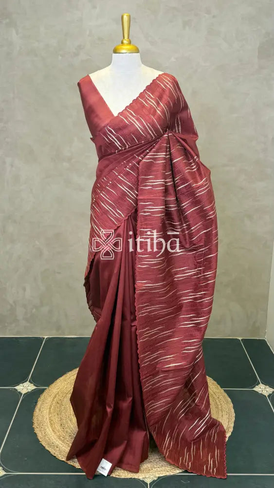 SEMI TUSSAR EMBROIDERY SAREE - BRICK RED