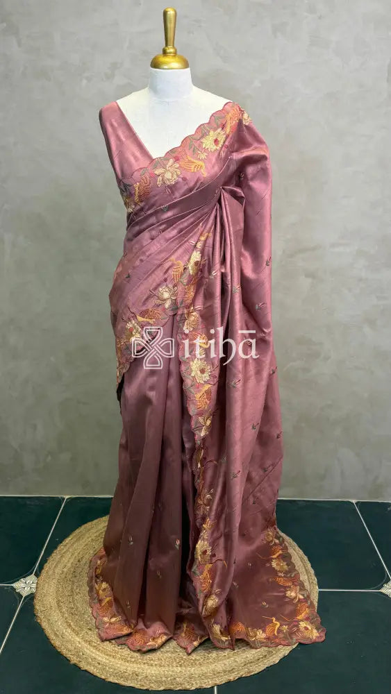 SEMI TUSSAR EMBROIDERY SAREE - BRICK RED