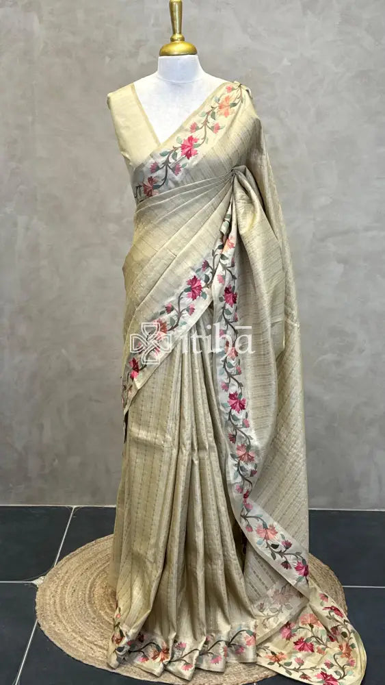 SEMI TUSSAR EMBROIDERY SAREE - DARK BEIGE
