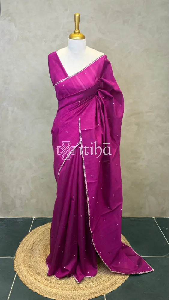 SEMI TUSSAR EMBROIDERY SAREE - DARK MAGENTA