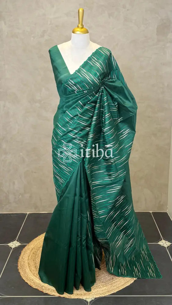 SEMI TUSSAR EMBROIDERY SAREE - DEEP GREEN