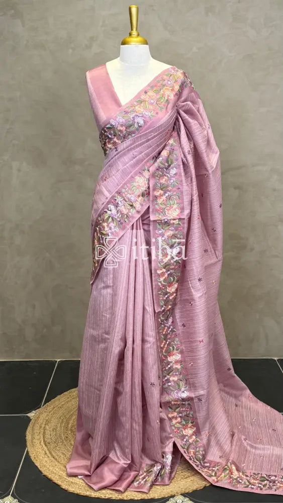 SEMI TUSSAR EMBROIDERY SAREE - DUSTY LAVENDER