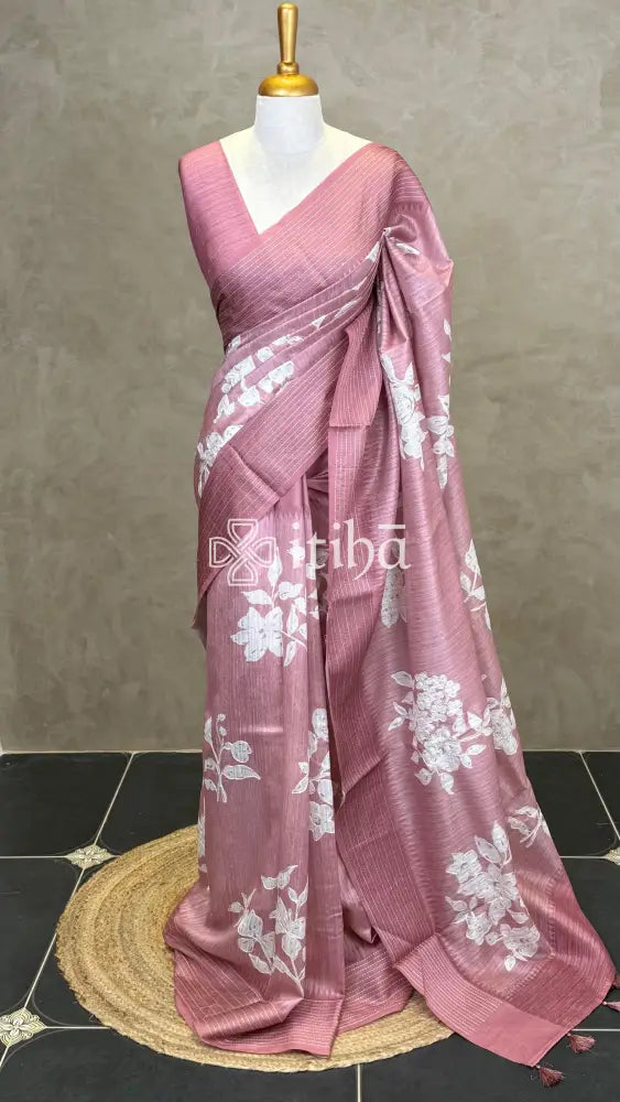 SEMI TUSSAR EMBROIDERY SAREE - dusty rose