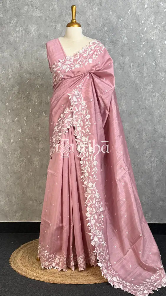 SEMI TUSSAR EMBROIDERY SAREE - DUSTY ROSE PINK