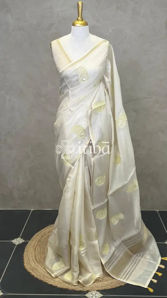 SEMI TUSSAR EMBROIDERY SAREE - GREENISH YELLOW