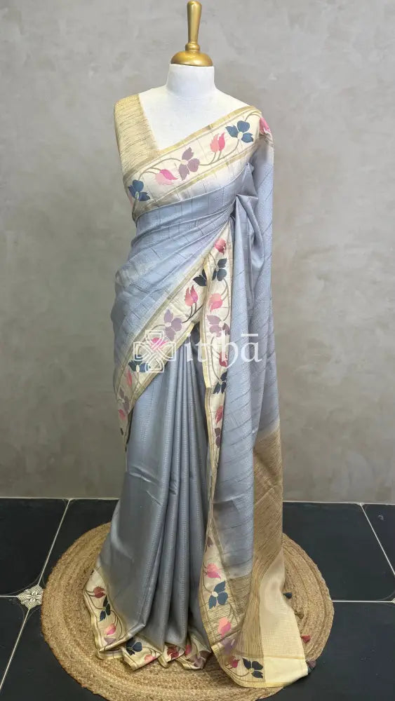 SEMI TUSSAR EMBROIDERY SAREE - Grey