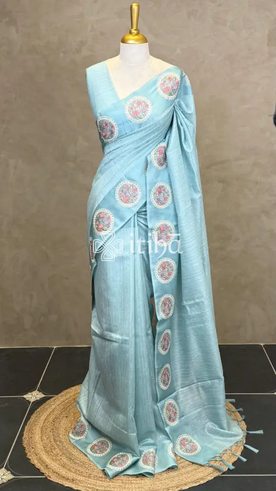 SEMI TUSSAR EMBROIDERY SAREE - LIGHT BLUE
