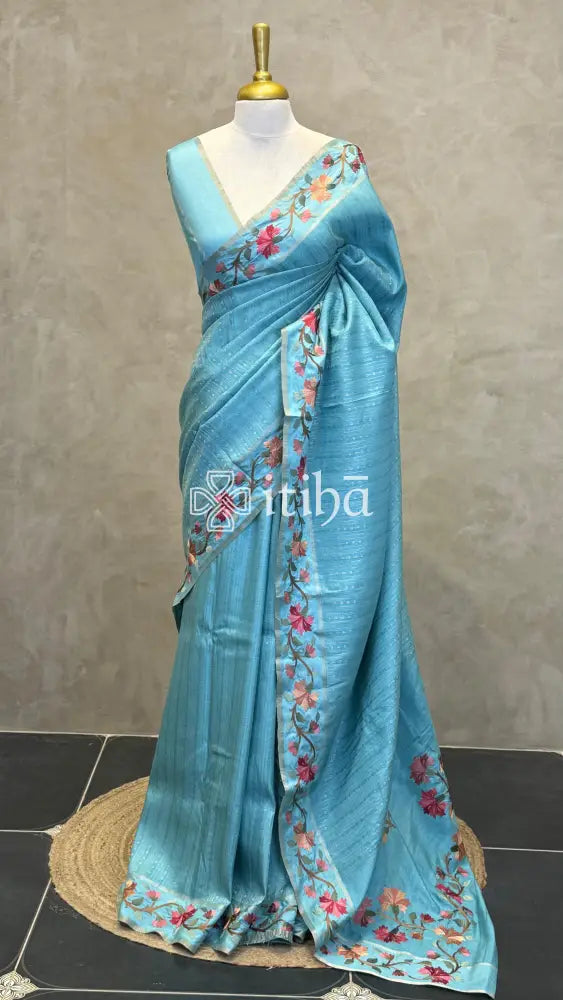 SEMI TUSSAR EMBROIDERY SAREE - LIGHT BLUE